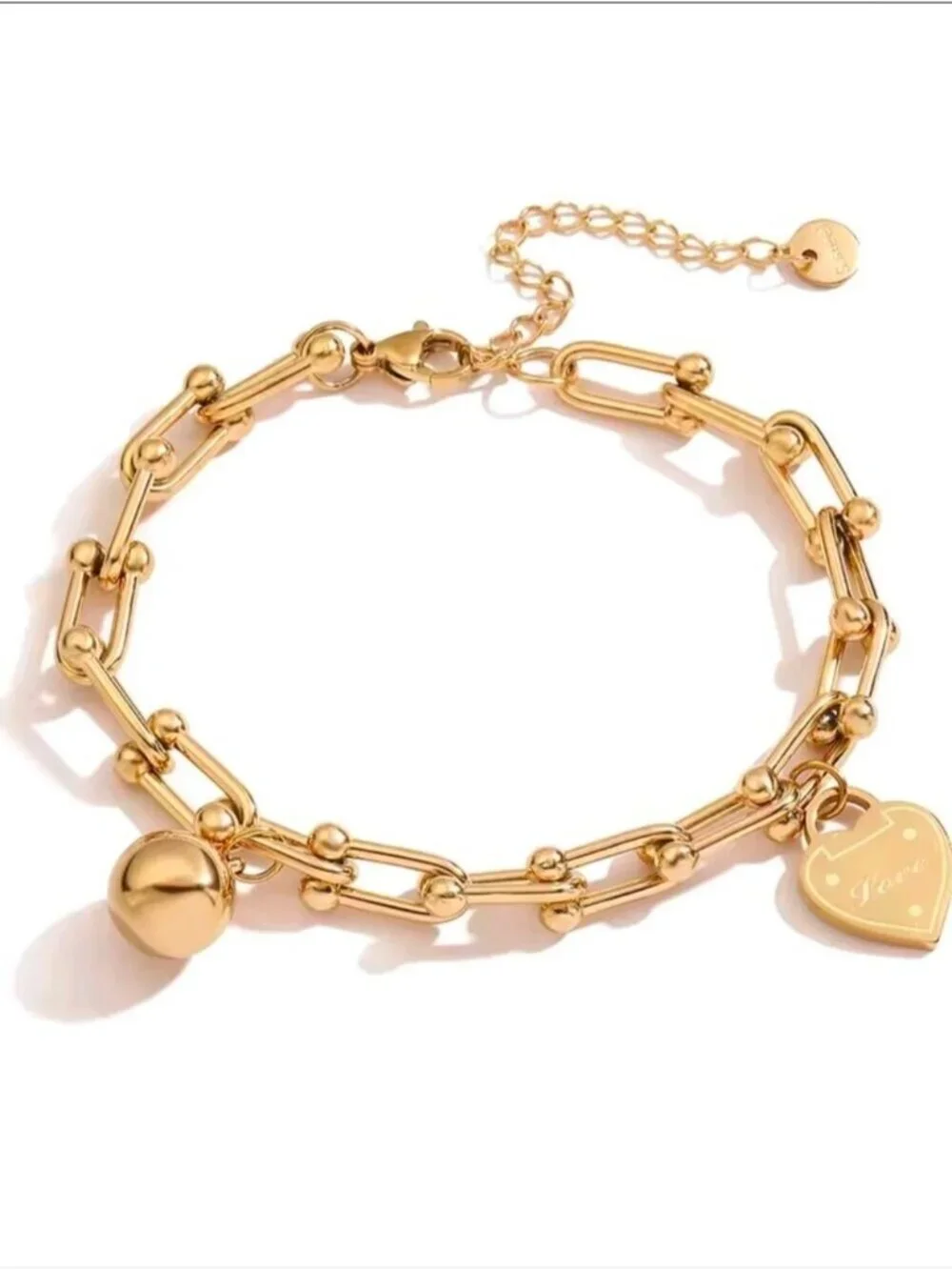 Polished Gold Heart & Sphere Link Bracelet